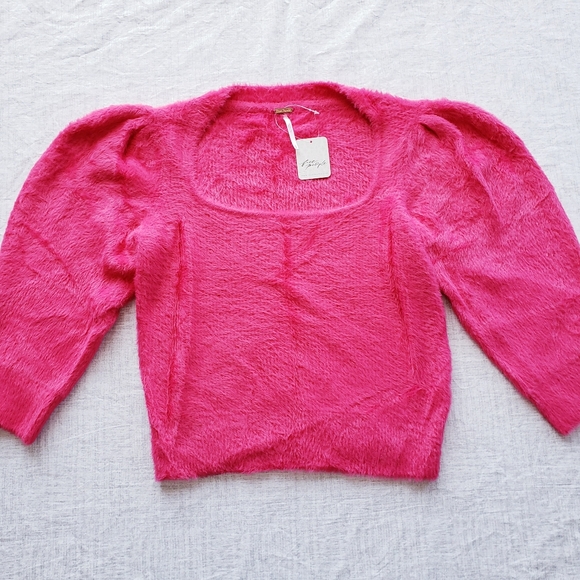 🆕️Free People Moonbeam Cropped Boho-Chic Sweater Raspberry Pop Pink SZ Medium - Picture 9 of 14